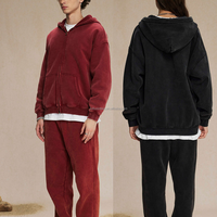 Sudadera con capucha de doble cremallera, personalizada con bordado y estampado, con efecto lavado ácido, de forro polar liso, oversize, estilo retro vintage, ecológica, unisex