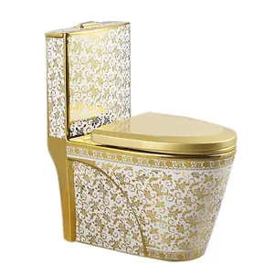 Moldura de WC con diseño de flores doradas, asiento de inodoro de cerámica, trampa americana en S, armario de agua chapado en oro de una pieza, venta de la semana del 2017