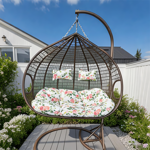 डबल सीट रतन लटका हुआ अंडे की कुर्सी, पुष्प कुशन, धातु स्टैंड. जोड़े के लिए 2-व्यक्ति समुद्री दृश्य - Product Image 2