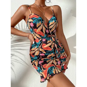 Penjualan laris baru gaun Satin musim panas wanita dan wanita gaun Hem Ruched bersabuk motif tropis wanita