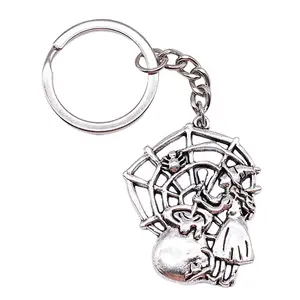 Porte-clés couleur argent antique araignée sur le filet porte-clés Vintage Halloween cadeaux sorcière porte-clés