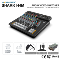 AVMATRIX SHARK H4M Commutateur de diffusion en direct tout-en-un 4 canaux HDMI, 6 entrées micro, DSP, capture USB-C pour studio de podcast