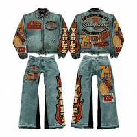Ensemble de vêtements pour hommes vintage en denim délavé à l'acide, style streetwear américain, veste et pantalon, deux pièces