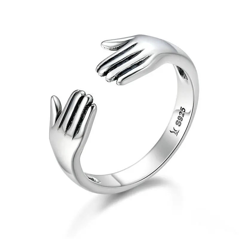 S925 Sterling Silver Hug Hands Shape Rings Adjustable Open Give Me A Hug 925 Sterling Silver Rings