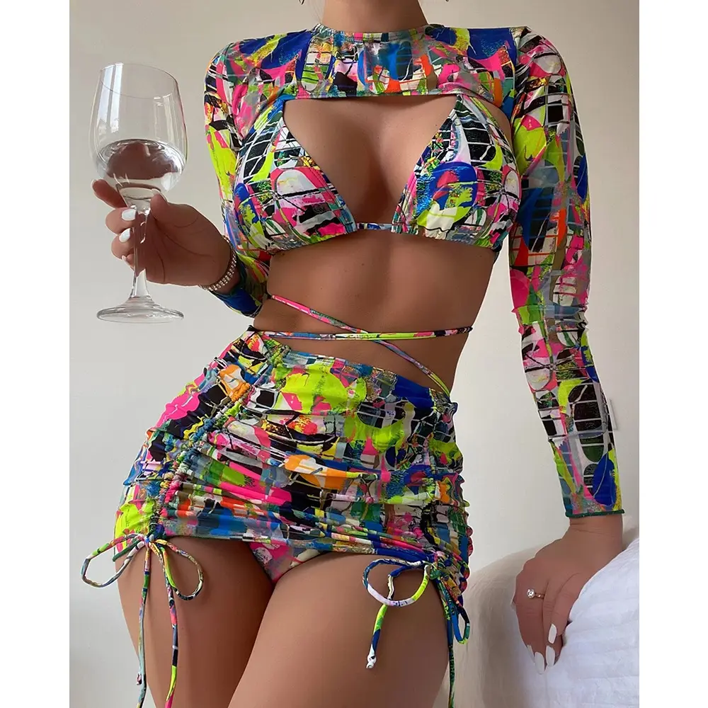 Xuanlang Custom Pattern Super Sexy Beachwear Bathing Suit Swim Dress Cover Up Thong 4 Piece Bikinis Woman Swimwear