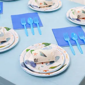 DAMAI 푸른 바다 동물 테마 파티 어린이 생일 파티 축하 종이 일회용 식기 세트 피크닉 종이 접시