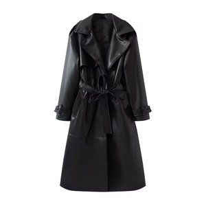 Cappotto <span class=keywords><strong>Trench</strong></span> Classico da <span class=keywords><strong>Donna</strong></span> in <span class=keywords><strong>Ecopelle</strong></span> di Media Lunghezza con Colletto Rovesciato Tinta Unita - Product Image 2