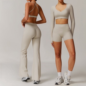 KY51 femmes 2 pièces Yoga ensemble serré séchage rapide <span class=keywords><strong>col</strong></span> en <span class=keywords><strong>V</strong></span> recadrée à manches longues haut taille haute Shorts tenue d'entraînement Yoga course - Product Image 1