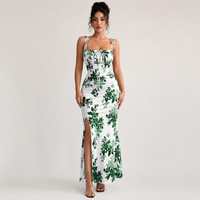 Fabrication de vêtements OEM, robe sur mesure, imprimé floral blanc et vert, sans manches, ajustée, fendue, maxi robe
