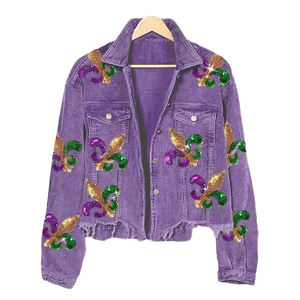 Mardi Gras Floral Eco-Friendly Women's Short Autumn Coat Casual Punk Style <b>Sequins</b> Single Breasted Crocheted Flannel Custom Logo - Product Image 1