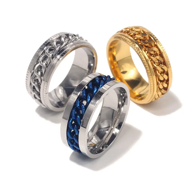 Titanium Stainless Steel Chain Spinner Ring For Men Blue Gold Black Rings Accessories Jewelry Gift