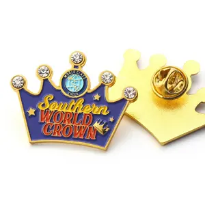 Custom Gold Plated Metal Rhinestone Lapel Pins Crown Shaped Dance Enamel Pin with Diamond