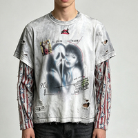 Camiseta de Manga Larga con Estampado Gráfico Personalizado, Corte Cuadrado, Estilo Urbano, Efecto Deslavado al Sol, Lavado Ácido, Doble Capa