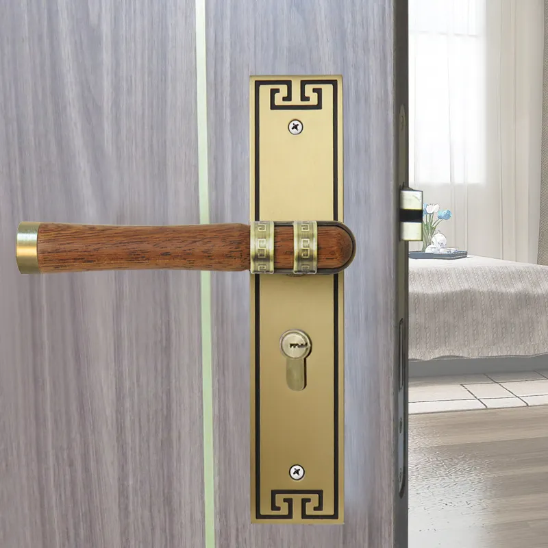 Design Teak Yellow Square Solid Wood And Brass Door Handle Door Pull Handle Lock Luxury Entry Door Handle