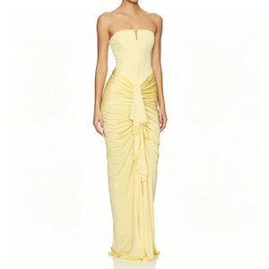 Abito da sera a sirena senza spalline con drappeggio, personalizzabile OEM/Private Label, giallo pallido, lungo, elegante, per invitati a matrimoni, balli di fine anno, feste, su misura - Product Image 5