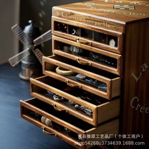 La Reverie Cree Par M&m Boîte à bijoux en bois à 6 tiroirs avec façade en verre, meuble de rangement de style vintage, finition noyer noir - Product Image 5