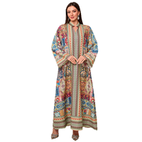 Abaya élégante en polyester à col montant, imprimé géométrique ethnique, coupe ample, longue, pour femmes musulmanes, Aïd Ramadan