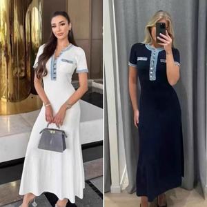 Robe moulante en maille fine à col rond avec franges en denim de style européen et américain, patchwork, boucle en métal, élastique, pour femmes - Product Image 2