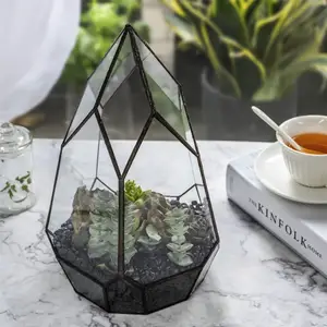 Terarium Kaca Geometris Terbuka Logam Hitam Tidak Beraturan untuk Pot Sukulen Lanskap Bonsai Pot Bunga Tampilan