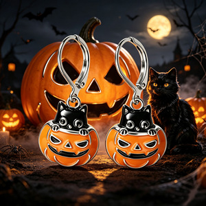 Orecchini pendenti a forma di gatto e zucca di Halloween per donna, gioielli alla moda in stile fatato - Product Image 2