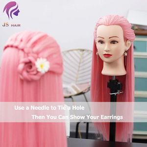2020 Têtes de mannequin Cosmetolofy avec mannequin en cheveux synthétiques avec support, tête d'entraînement rose pour la pratique de la coiffure - Product Image 2