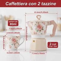 Ensemble de cafetière Moka en aluminium à motif personnalisé avec 2 tasses en céramique, thème floral français, vente en gros, coffret cadeau boutique, cadeaux en vrac, OEM