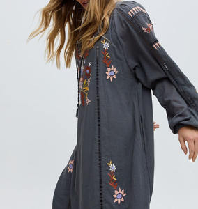 Custom Women's Summer Maxi Dress <b>Kimono</b>-Style 100% Cotton Trendy V-neck Puff <b>Long</b> Sleeves Floral Embroidery Loose Fitted Floral - Product Image 4