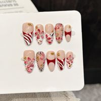 Kuku Akrilik Buatan Tangan Bentuk Almond Motif Garis Harimau Bunga Merah Lukisan Tangan Manik-manik Emas Dapat Disesuaikan untuk Penggunaan Salon Kuku SPA