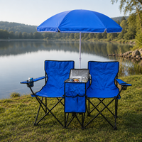 Chaise de camping pliante double en acier Oxford 600D bleu roi avec parasol amovible et glacière centrale intégrée pour la plage