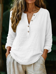 2026 New Women's Summer Casual Solid Color Breathable Long-Sleeve <b>Half</b>-Open V-Neck <b>Buttons</b> T-<b>Shirt</b> Blouse - Product Image 2