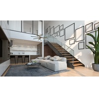 Escalier flottant moderne en bois massif et acier inoxydable pour hall intérieur, conception droite à double poutre latérale