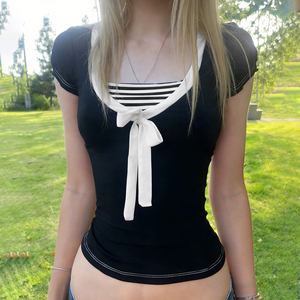 Camiseta de manga corta transpirable con lazo frontal estilo dulce y femenino para mujer, cuello cuadrado, contraste de color, tejido elástico, ecológica - Product Image 2