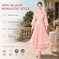 Robe de soirée rose à manches longues pour femme, col montant, taille plissée, ourlet à volants superposés, robe de cérémonie personnalisée, vente en gros