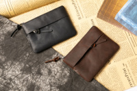 Dompet Kulit Asli Buatan Tangan Unisex Pendek Tipis Tahan Lama dengan Ritsleting Lapisan Katun 3 in 1 Gaya Nasional