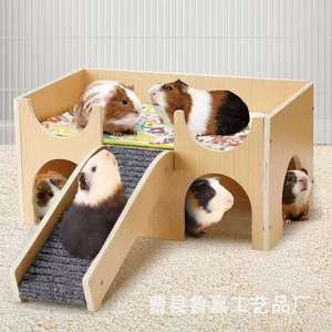Wooden Pet Villa For Guinea Pig And Hamster With Climbing <b>Ladder</b> Multifunctional Small Animal Habitat Rectangle Shape - Product Image 1