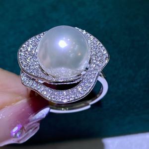 S925 Pure Silver 12-13mm Fashionable <b>Pearl</b> <b>Rings</b> Cold Light Comparable to Australian White Movable Mouth Design - Product Image 2