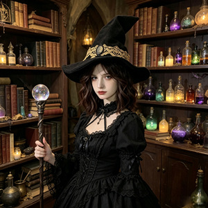 Sombrero de Bruja Retro de Encaje para Halloween, Estilo Gótico Lolita, con Copa Cónica, Negro, de Poliéster, para Disfraces y Fiestas de Cosplay - Product Image 2