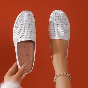 2026 White &Rose Gold Rhinestone Mule Ladies Slippers,Comfortable Flat Open Back Loafers, Slip-on Casual <b>Shoes</b> - Product Image 1