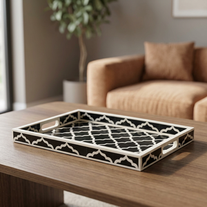 Plateau de service commercial indien fait main en os naturel incrusté, motif solide, écologique, compatible lave-vaisselle et micro-ondes, avec revêtement poudré - Product Image 1