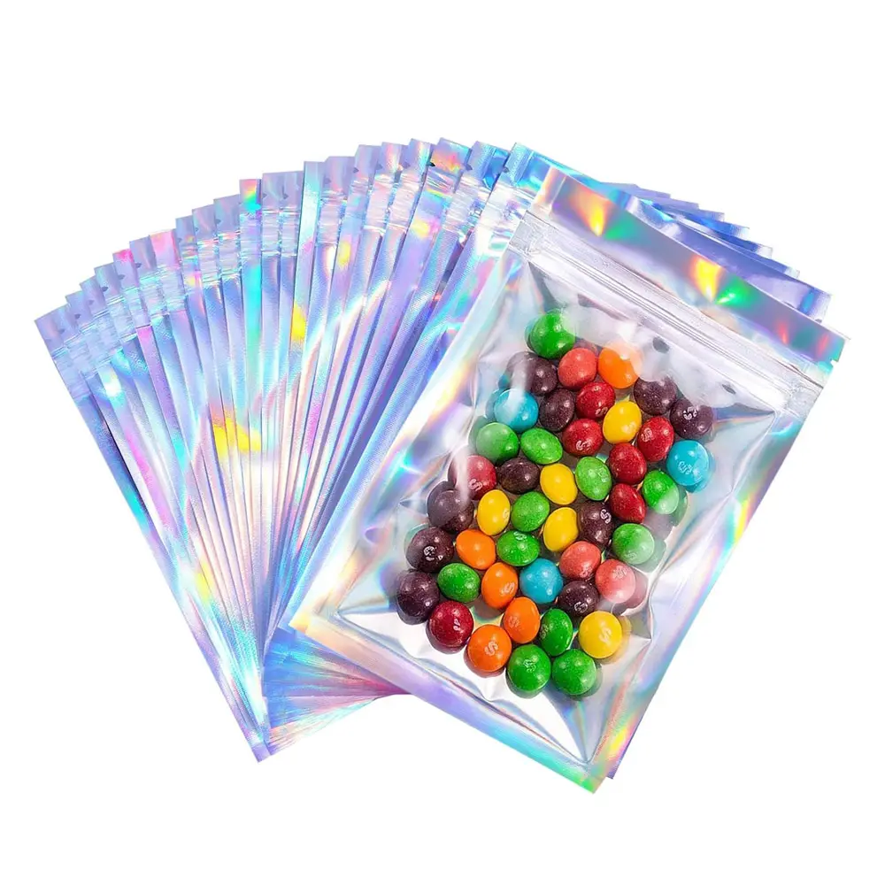 Custom Holographic Bag Resealable Food Small Ziplock Plastic Packaging Aluminum Foil Transparent Mylar Hologram Bags