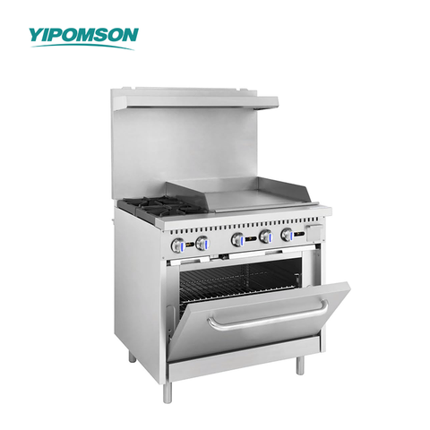 Heavy Duty Stainless Steel Gas Range with 12-Inch Griddle and Large Capacity Oven for Restaurant and Catering Use