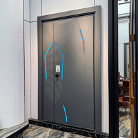 Porte d'entrée double en aluminium coulé LED futuriste avec relief géométrique abstrait 3D pour façade de villa moderne
