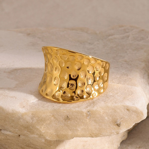 Exaggerated Wide Hammered Concave <b>Ring</b> 18k Stainless Steel Unisex Party Jewelry U Shape Gold Tone - Product Image 3