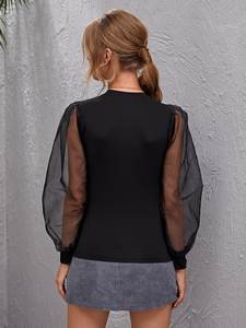 Femmes élégantes <span class=keywords><strong>noir</strong></span> tricot ajusté col rond <span class=keywords><strong>noir</strong></span> <span class=keywords><strong>transparent</strong></span> surdimensionné <span class=keywords><strong>haut</strong></span> à manches bouffantes pour les femmes - Product Image 3