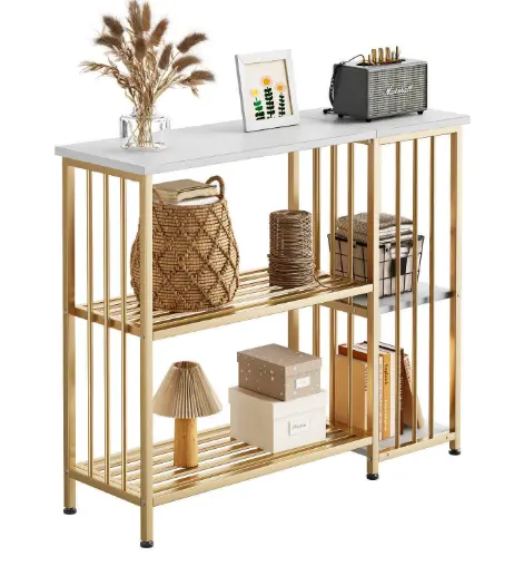 New Arrival Simple Design Modern foyer table 3 tier tempered gold metal frame multifunctional sideboard