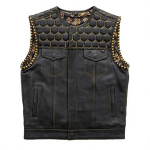 Gilet de moto en cuir personnalisé pour homme, style club, sans manches, respirant, coupe diamant, multi-poches, bandana, idéal pour l'hiver - Product Image 1