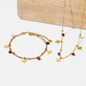 Chaîne de cheville double couche en émail avec pendentif trèfle à quatre feuilles en pierre naturelle colorée en acier inoxydable pour femme - Product Image 2