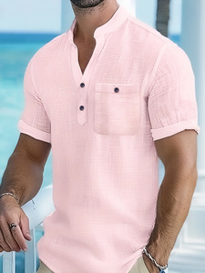 Nouveau T-shirt à col montant en lin à manches courtes pour homme – Chemise décontractée fine et ample en coton et lin – Vêtements pour homme - Product Image 4