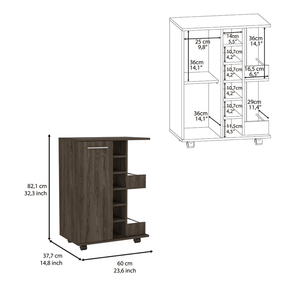 DB DEPOT E-SHOP Magda Armoire de bar à porte simple en noyer foncé Chariot de bar à quatre roulettes avec deux étagères extérieures - Product Image 4