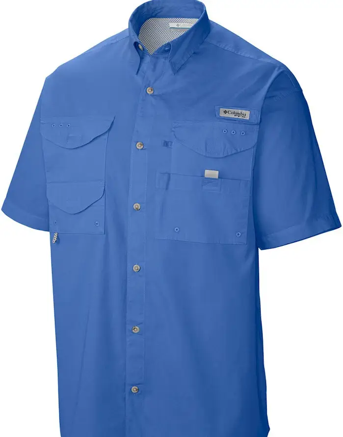 Commercio all'ingrosso uomo blu manica corta da uomo camicia da pesca Anti-Crinkle veloce asciutto UV poliestere protezione pesca camicia da trekking per gli uomini